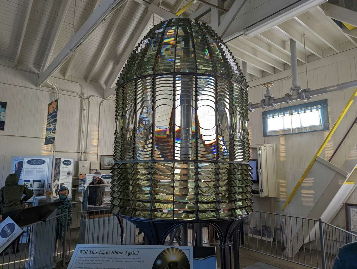 The original 1,008-prism, 2,000-pound Fresnel lens is now housed in the neighboring fog signal building.