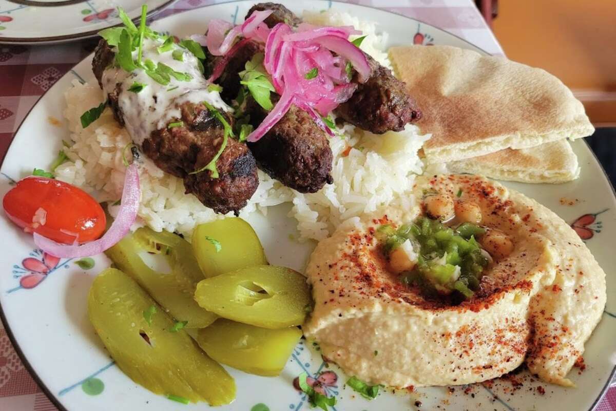 The beef kabob plate served at Beit Rima in San Francisco. 