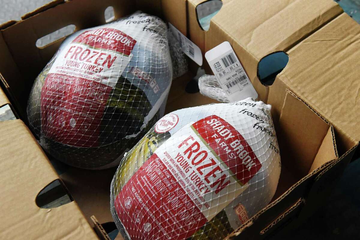 Frozen turkeys donated for an annual Thanksgiving Day community dinner.