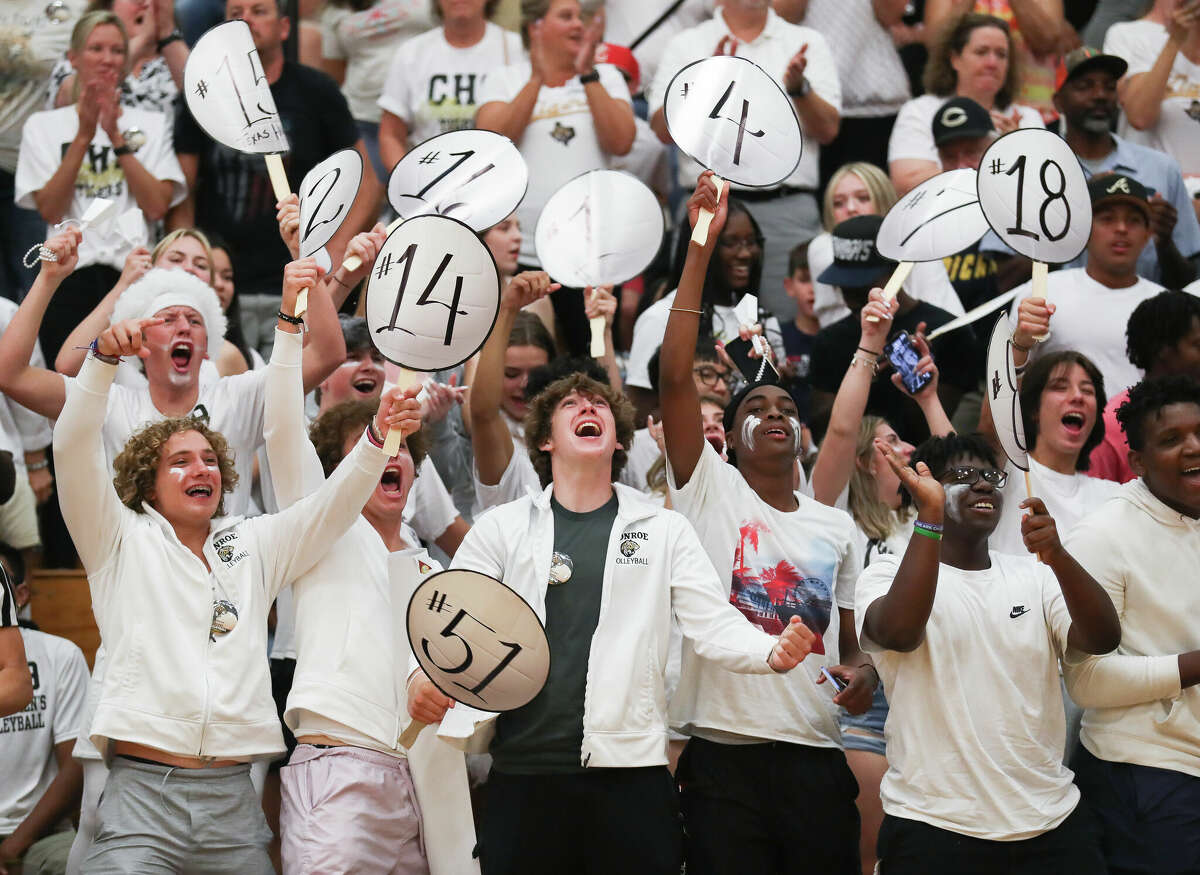 Conroe fans cheer during a District 13-6A high school volleyball match at Conroe High School, Tuesday, Aug. 30, 2022, in Conroe.