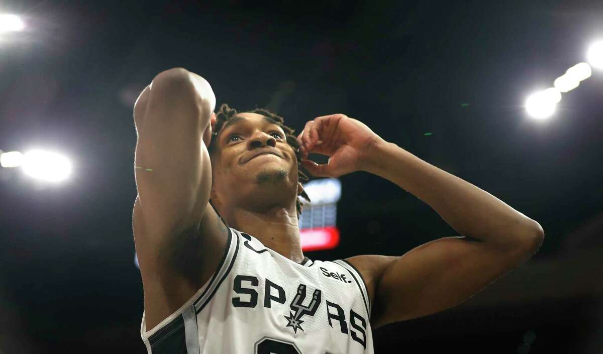 SAN ANTONIO, TX - NOVEMBER 09: Devin Vassell #24 of the San Antonio Spurs reacts missing three at the end of OT that would have given the Spurs a victory over the Memphis Grizzlies at AT&T Center on November 09, 2022 in San Antonio, Texas. NOTE TO USER: User expressly acknowledges and agrees that, by downloading and or using this photograph, User is consenting to terms and conditions of the Getty Images License Agreement. (Photo by Ronald Cortes/Getty Images)