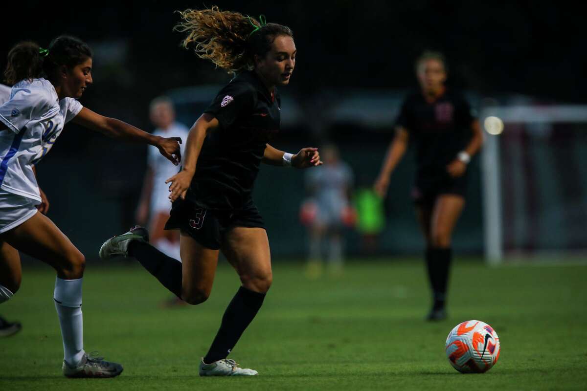 Stanford forward Allie Montoya (3) plays in the first half against UCLA at Maloney Field at Cagan Stadium on Friday, October 14, 2022, in Stanford, Calif.