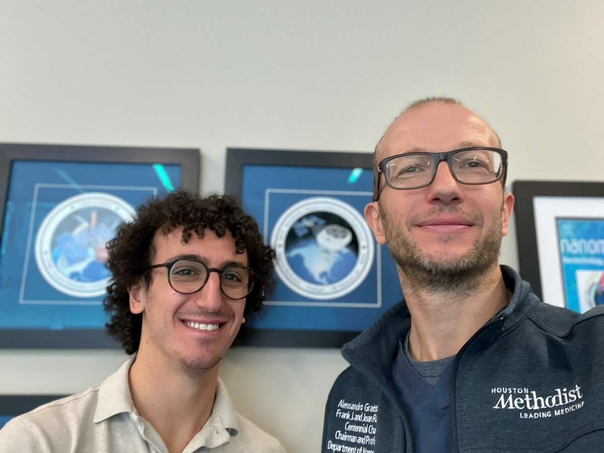 Pictured is Nicola Di Trani, left, lead postdoctoral fellow, and Alessandro Grattoni, chairman and professor of the Department of Nanomedicine at Houston Methodist Research Institute. They are part of the team developing a remotely controlled drug delivery implant that will be tested on the International Space Station.