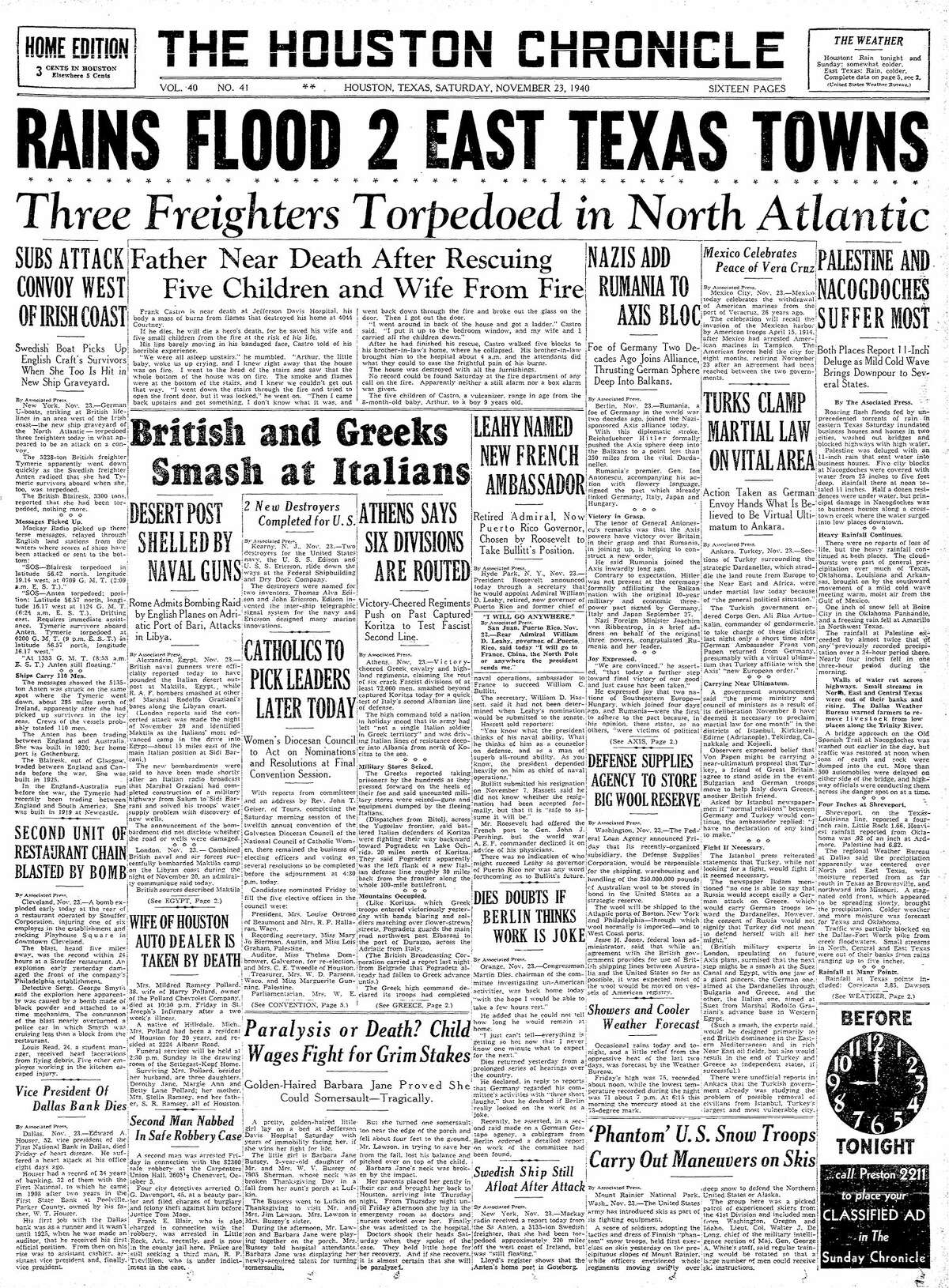 Houston Chronicle front page for Nov. 23, 1940.