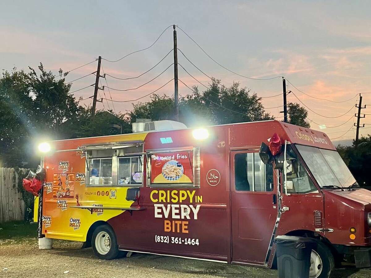 The exterior of Crispy Rolls Station, a food truck featuring deep fried shawarmas, in Houston, Texas.