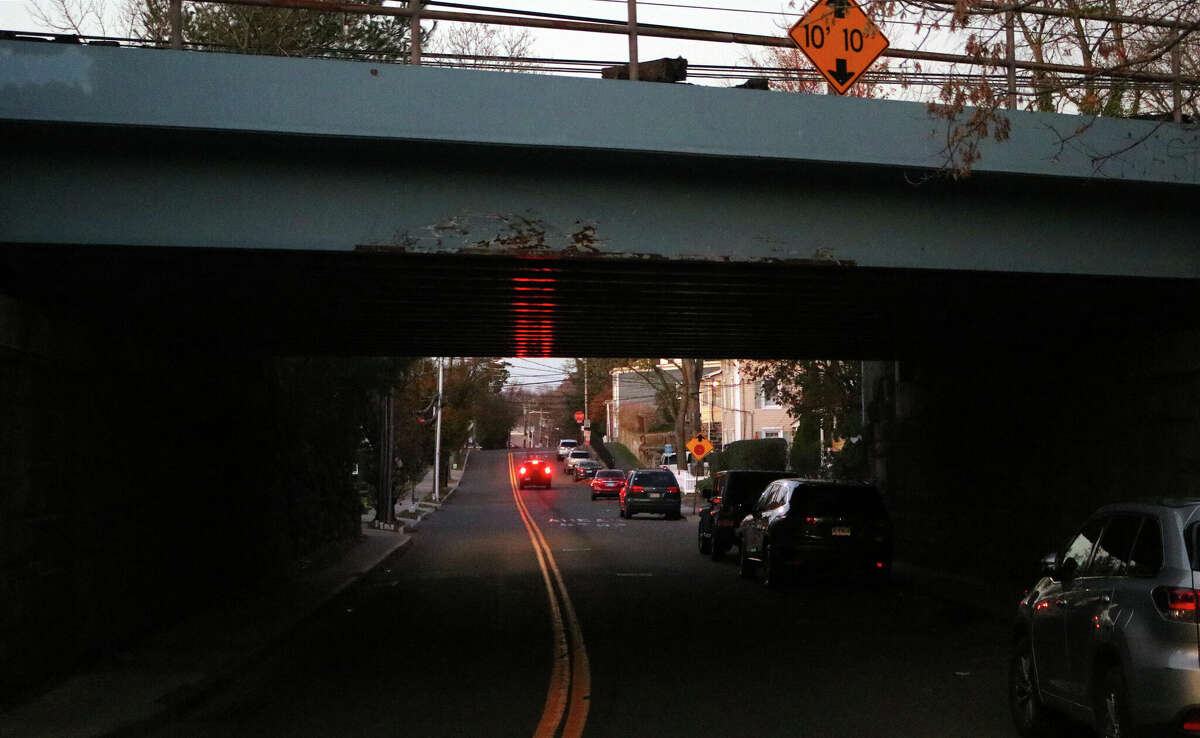 A view of the North Water Street overpass in Byram, Conn., on Tuesday November 22, 2022. There is an issue with lights being out at this railroad overpass.