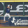 Kevin Kiermaier #39 of the Tampa Bay Rays makes a catch against the Houston Astros during the fourth inning in game one of the American League Division Series at Minute Maid Park on October 04, 2019 in Houston, Texas. (Photo by Tim Warner/Getty Images)