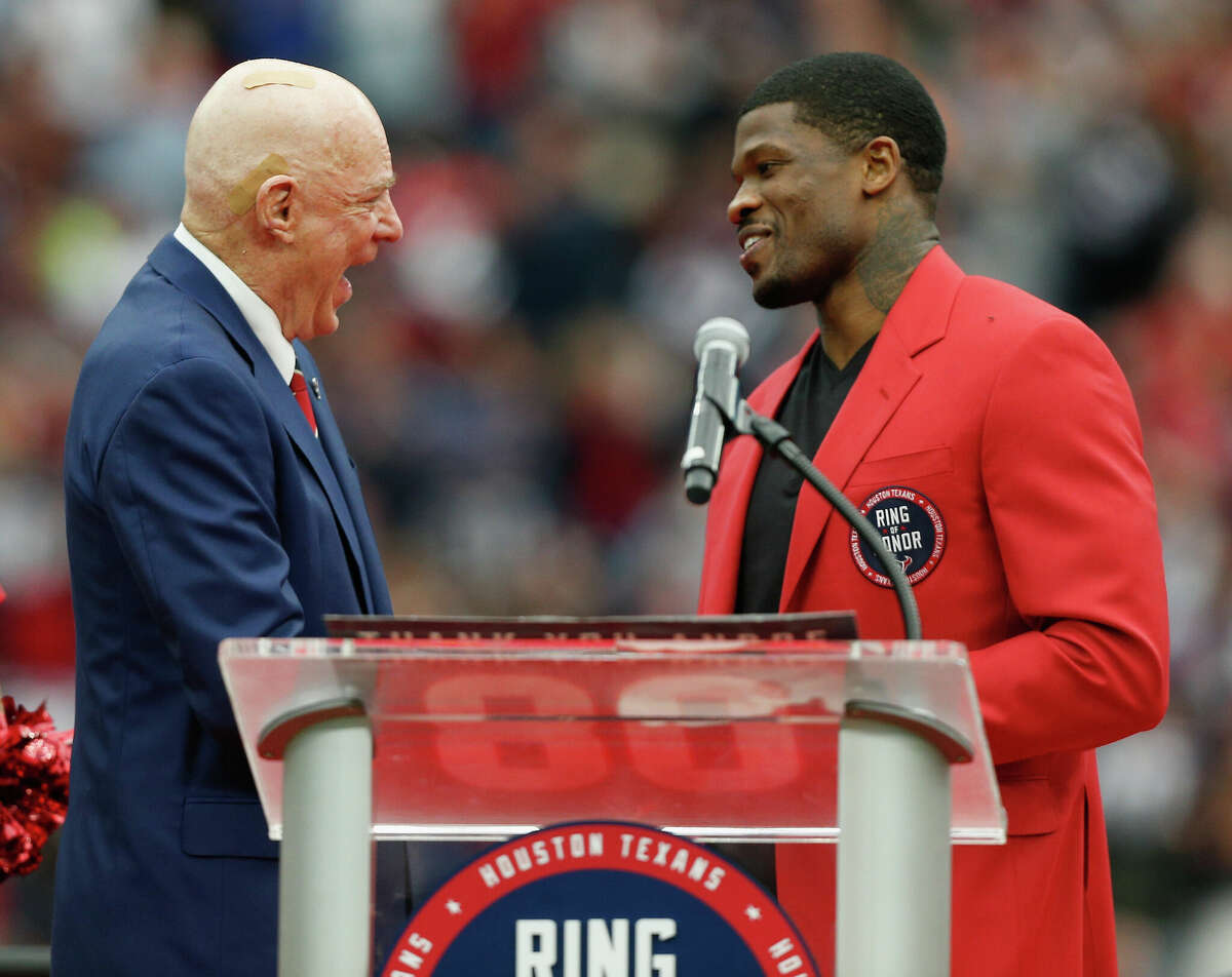  Houston Texans owner Bob McNair inducts former Houston Texans wide receiver Andre Johnson into the Ring of Honor at NRG Stadium on November 19, 2017.