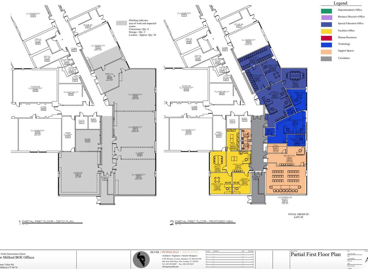 Floor plans from a study by Silver/Petrucelli & Associates in September of 2019 showed where new district administrative offices would be located if they were to be moved to Sarah Noble Intermediate School. 