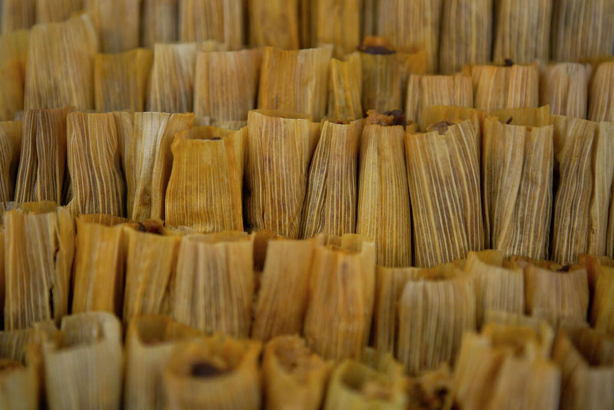 Tamales lined up in a tray at Delicious Tamales
