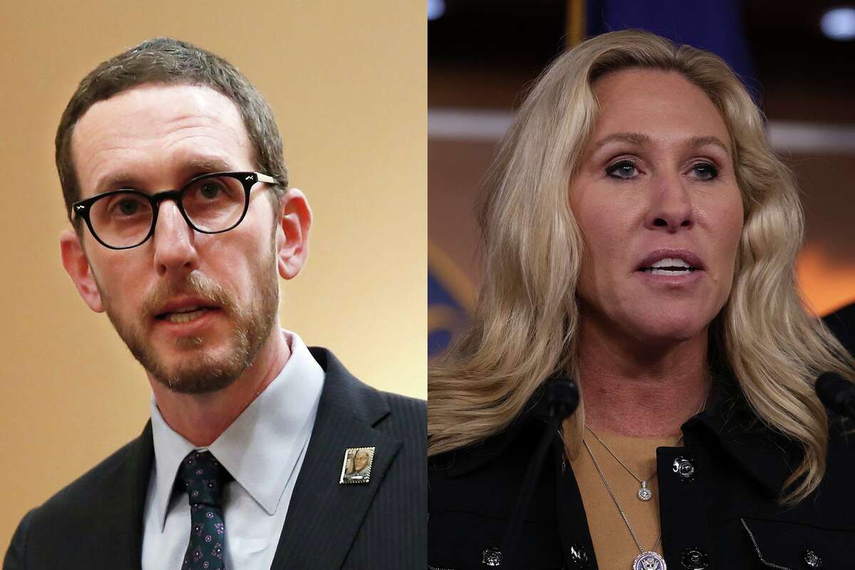 Georgia Rep. Marjorie Taylor Greene (right) called state Sen. Scott Wiener a “communist groomer” in a tweet shortly after her Twitter account was reinstated this week.