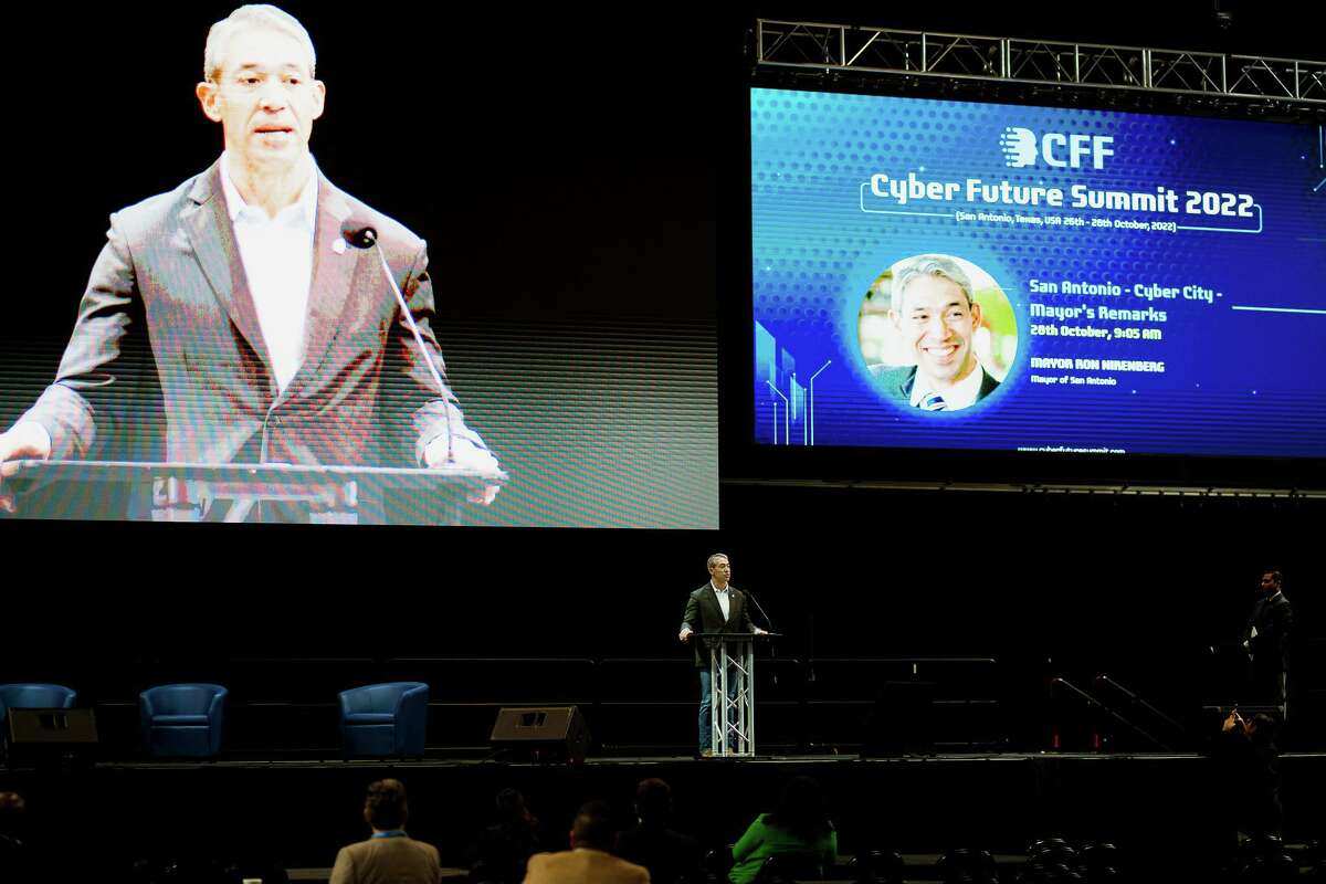 San Antonio Mayor Ron Nirenberg addresses the crowd during the Cyber Future Summit 2022, which was held in October at Port San Antonio's Tech Port Center + Arena for the first time.