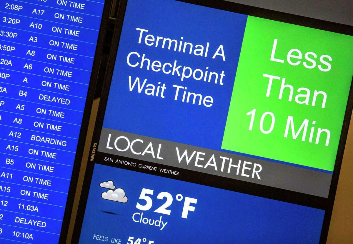 Monitors at the San Antonio airport Wednesday morning indicate the wait time at the Terminal A TSA checkpoint.