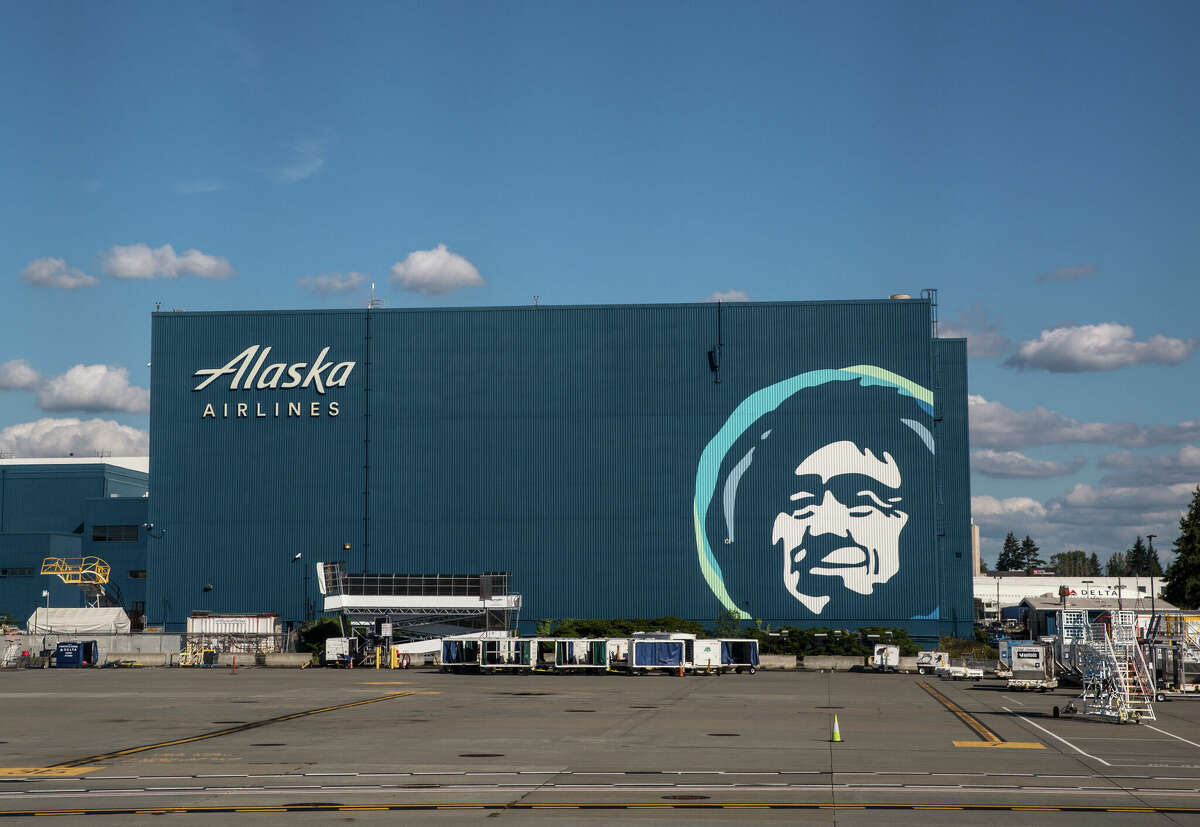 An Alaska Airlines maintenance hanger at Seattle-Tacoma International Airport in September 2021.