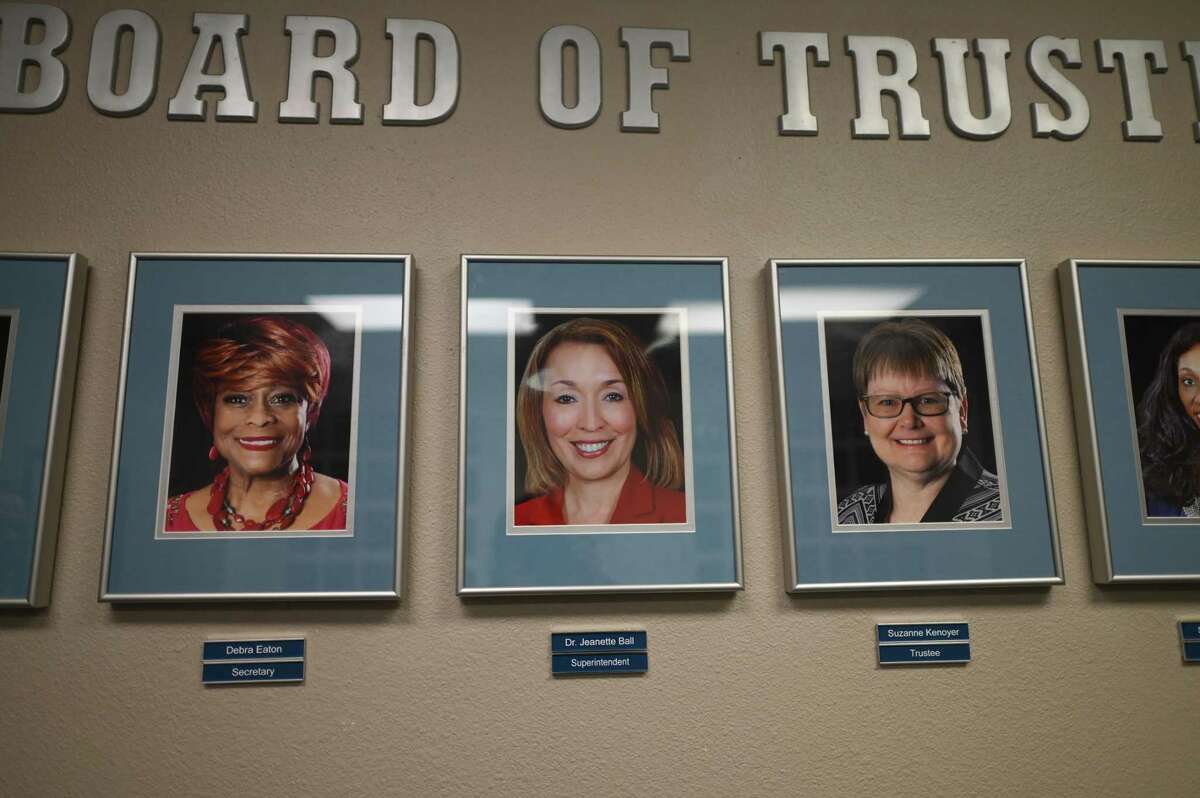 A picture of Judson ISD Superintendent Jeanette Ball hangs in the district’s Educational Resource Center on Monday, where the district’s board accedpted her resignation.