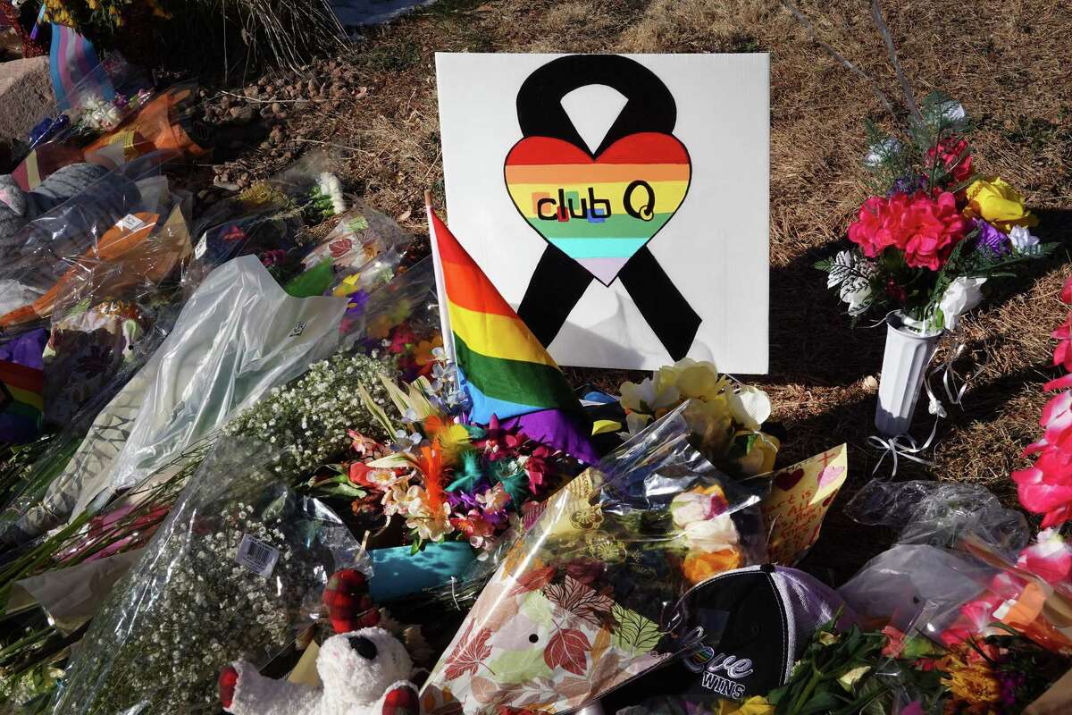 A makeshift memorial near the Club Q nightclub continues to grow on Nov. 21, 2022, in Colorado Springs, Colorado. Anderson Lee Aldrich, 22, is accused of killing five people at the nightclub on Nov. 19 and on Wednesday was ordered held without bond. (Scott Olson/Getty Images/TNS)