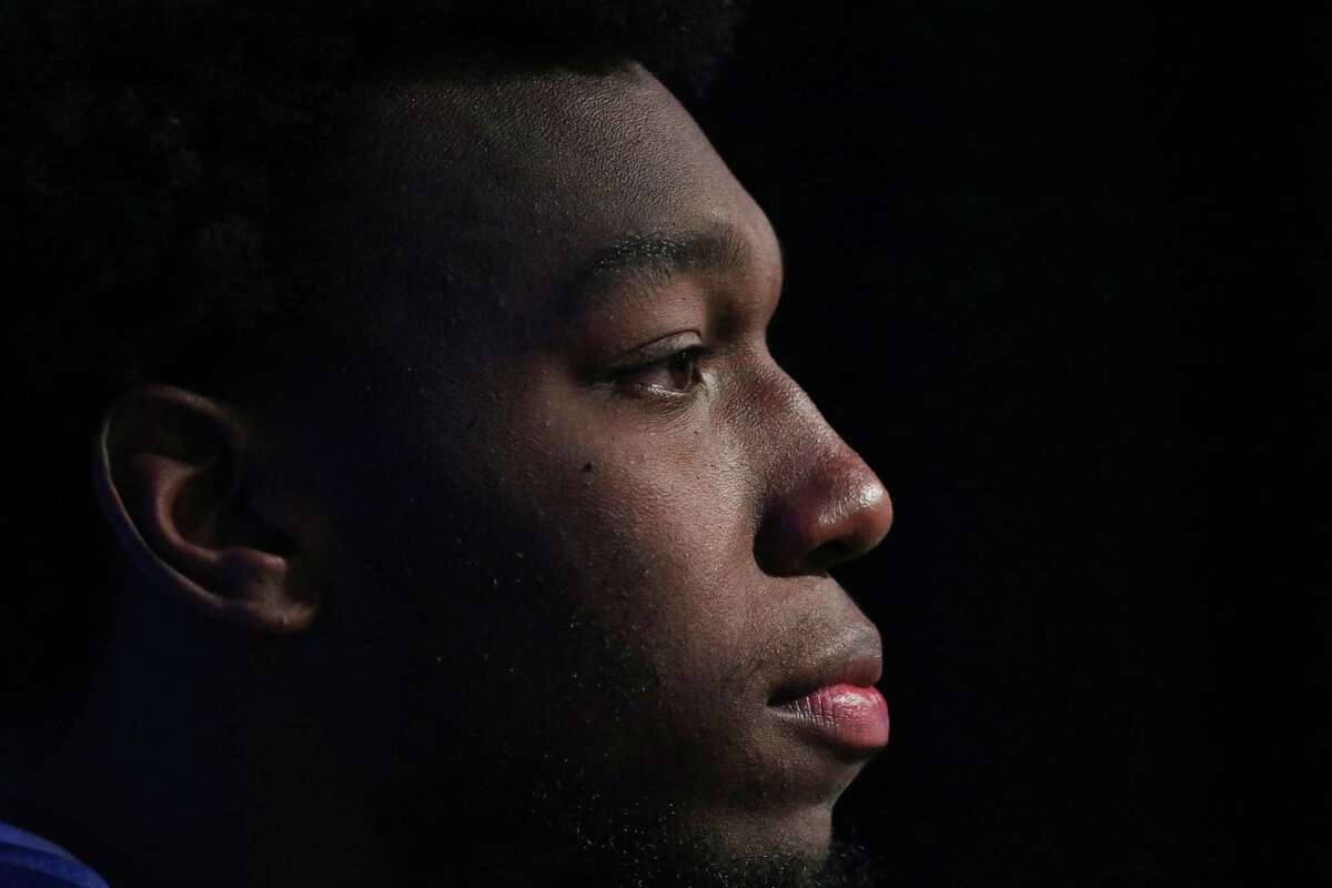 James Wiseman, Warriors Summer League player, answers questions in the interview room at Chase Center on Wednesday, June 29, 2022 in San Francisco, Calif.