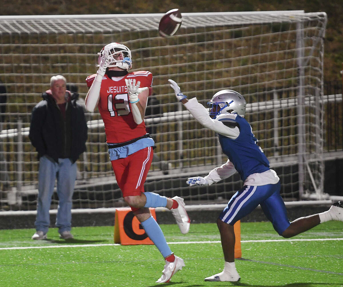 Fairfield Prep's Timothy Hartnett catches a pass for a touchdown during their football game with visiting West Haven at Rafferty Stadium in Fairfield, Conn. on Wednesday, November 23, 2022.
