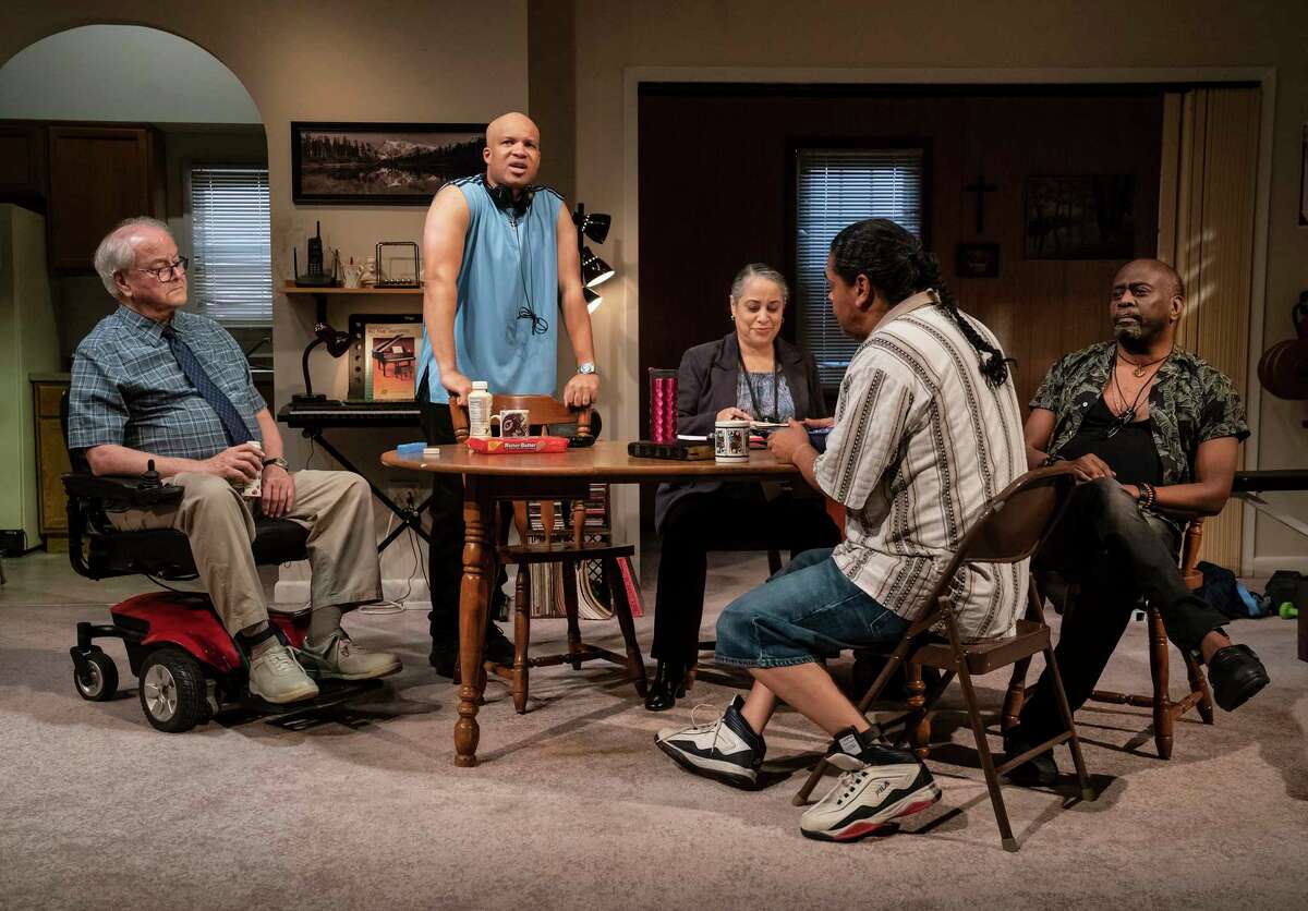 From left, Francis Guinan, Glenn Davis, Susanna Guzmán, Eddie Torres and K. Todd Freeman in Bruce Norris's "Downstate."