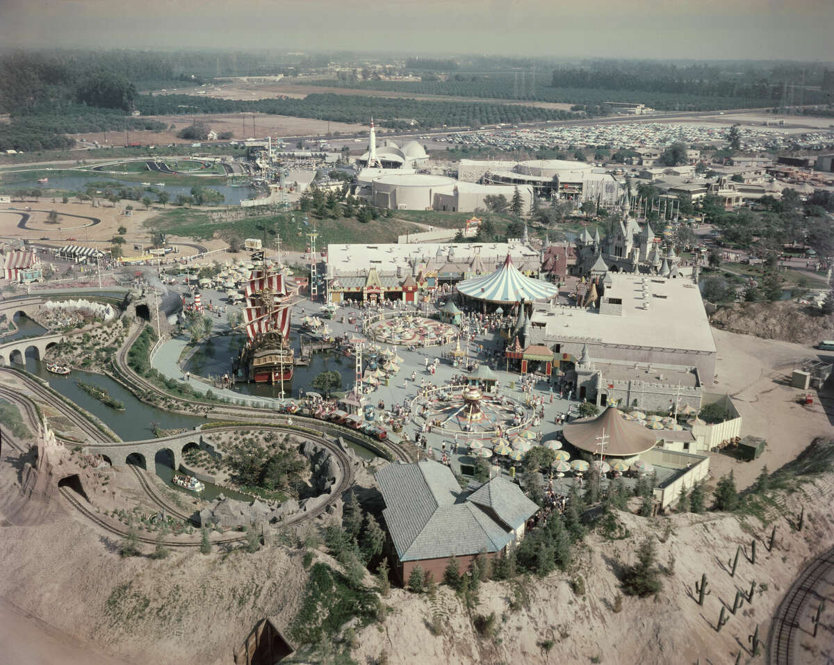 An aerial view of Disneyland circa 1955. 