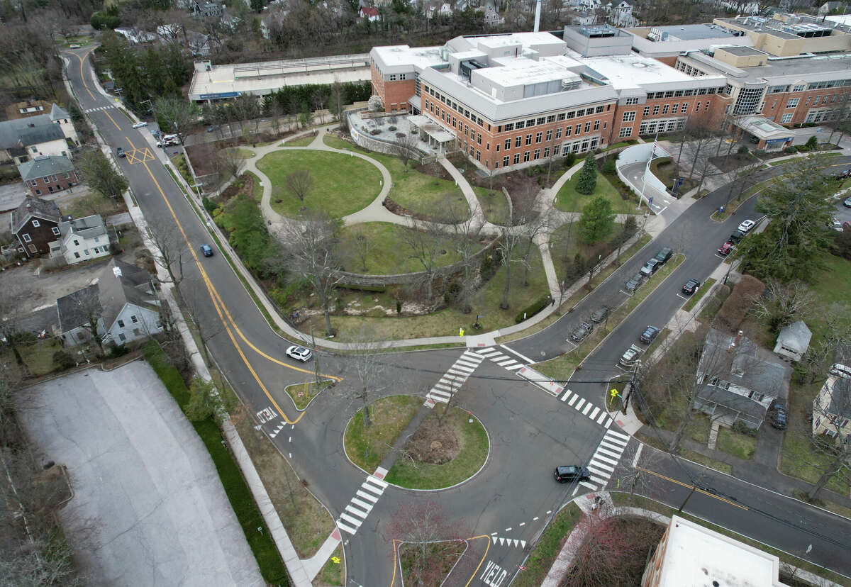 The proposed site of a new cancer care facility, located on the Greenwich Hospital campus at the intersection of Lake Avenue and Lafayette Place.