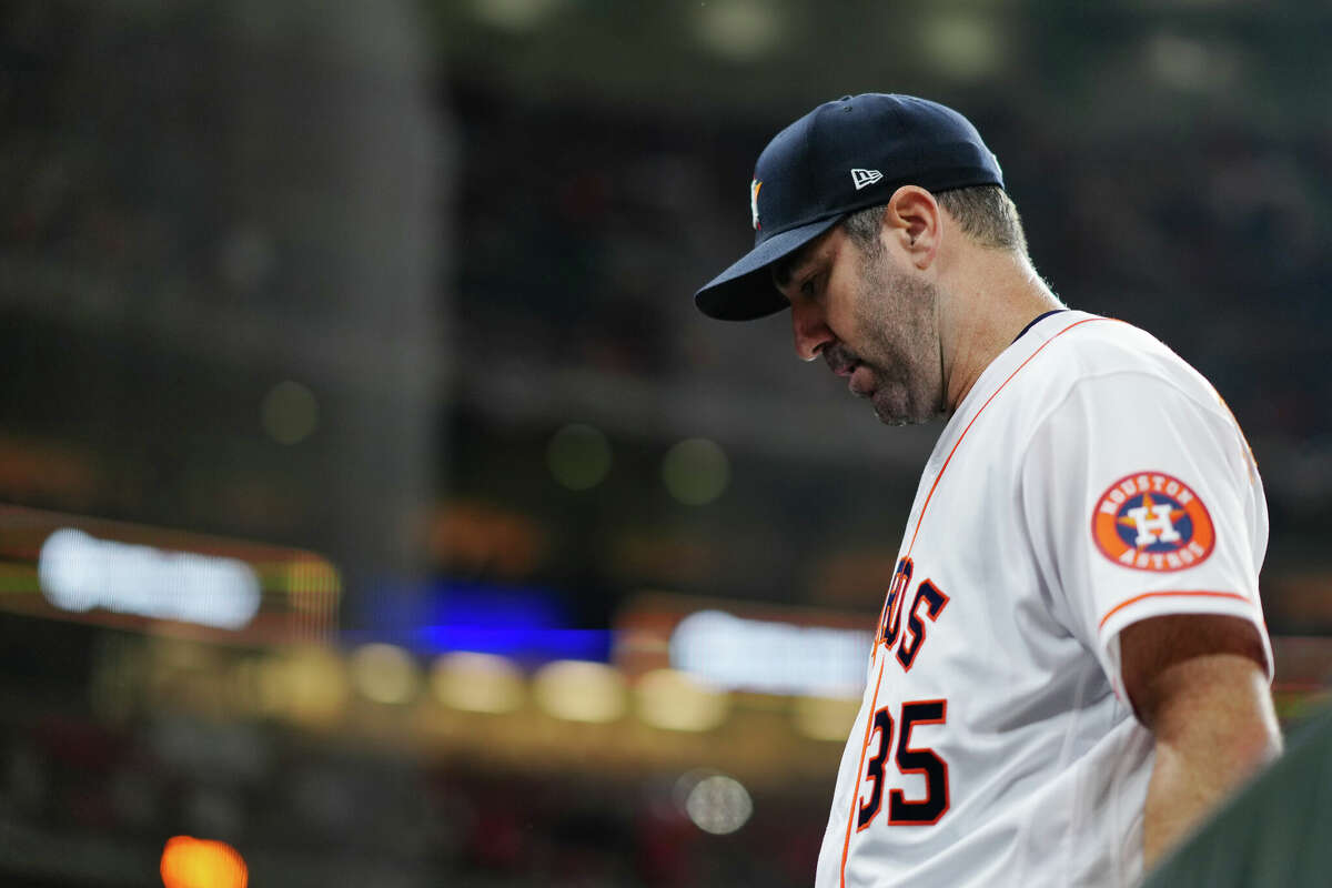 Justin Verlander #35 of the Houston Astros walks back to the dugout during Game 1 of the 2022 World Series between the Philadelphia Phillies and the Houston Astros at Minute Maid Park on Friday, October 28, 2022 in Houston.