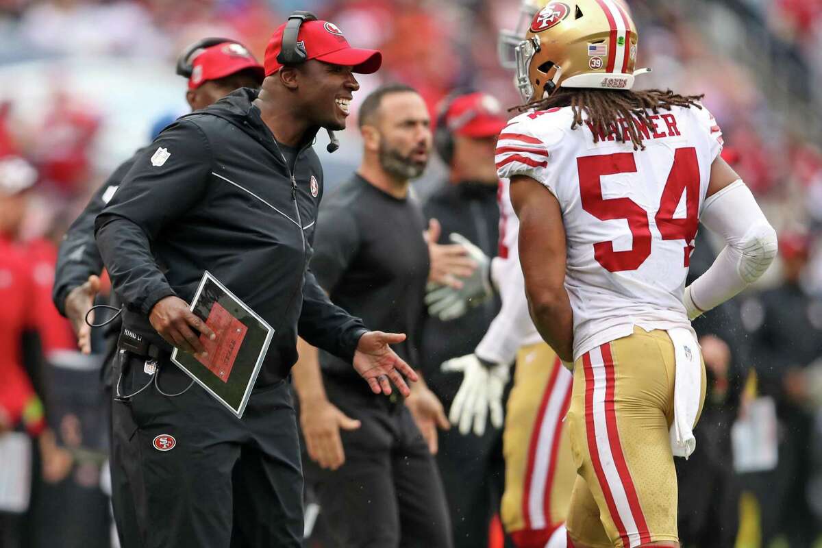 San Francisco 49ers’ defensive coordinator DeMeco Ryans during 19-10 loss to Chicago Bears during NFL game at Soldier Field in Chicago, IL, on Sunday, September 11, 2022.