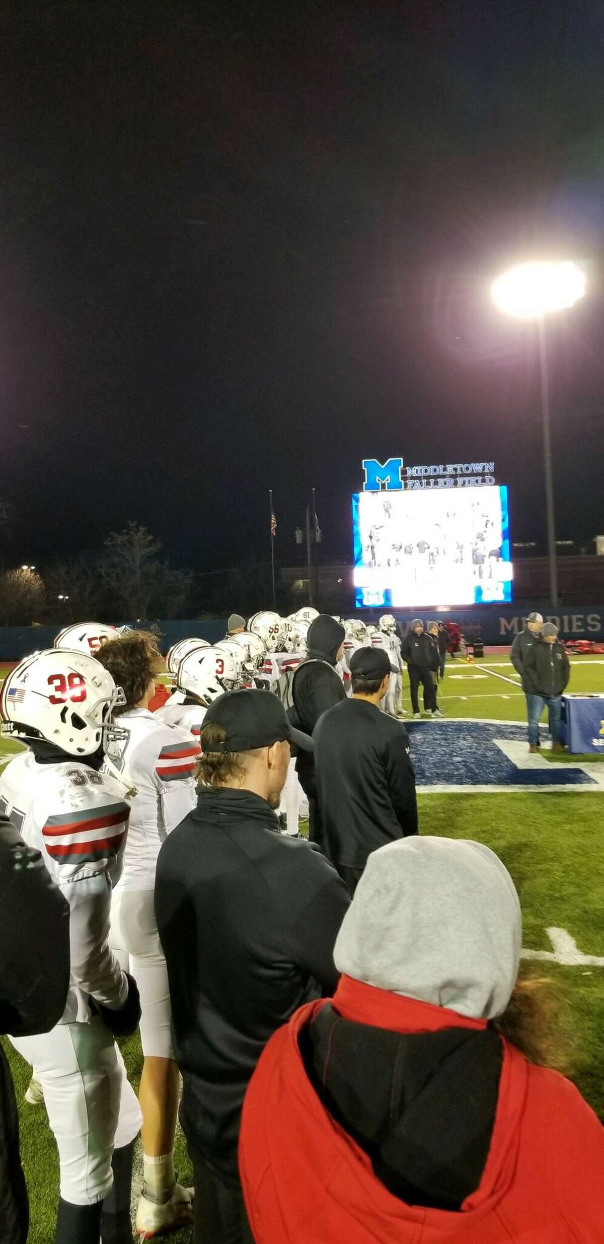 Niskayuna reacts to its 35-7 loss to Somers in the Class A football state semifinal on Friday, Nov. 25, 2022 at Middletown High School.