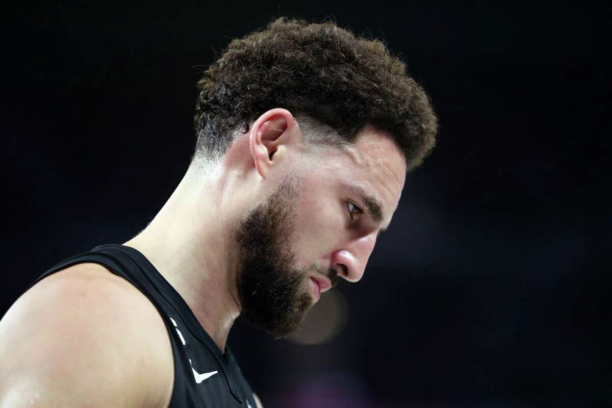 Golden State Warriors’ Klay Thompson looks down in 3rd quarter against Los Angeles Clippers during NBA game at Chase Center in San Francisco, Calif., on Wednesday, November 23, 2022.