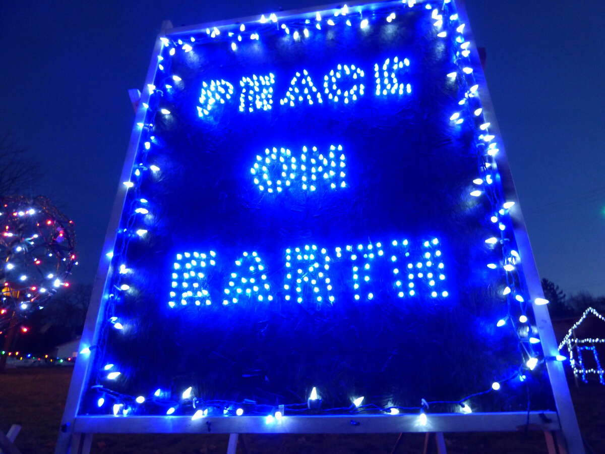 A lighted Christmas display in downtown Bear Lake calls for peace on earth.