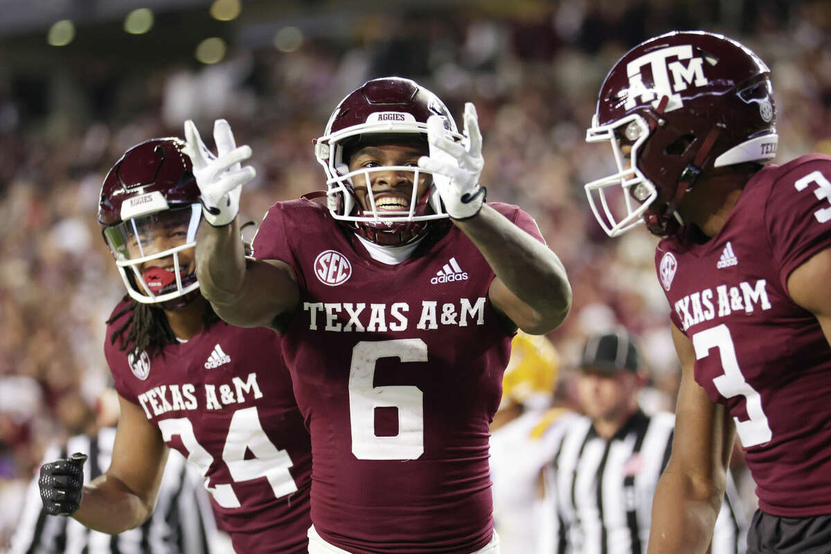 Devone Achane (6) and the Aggies were in a mood to celebrate after a win over LSU but the Texas A&M running back may be headed for the NFL next year.