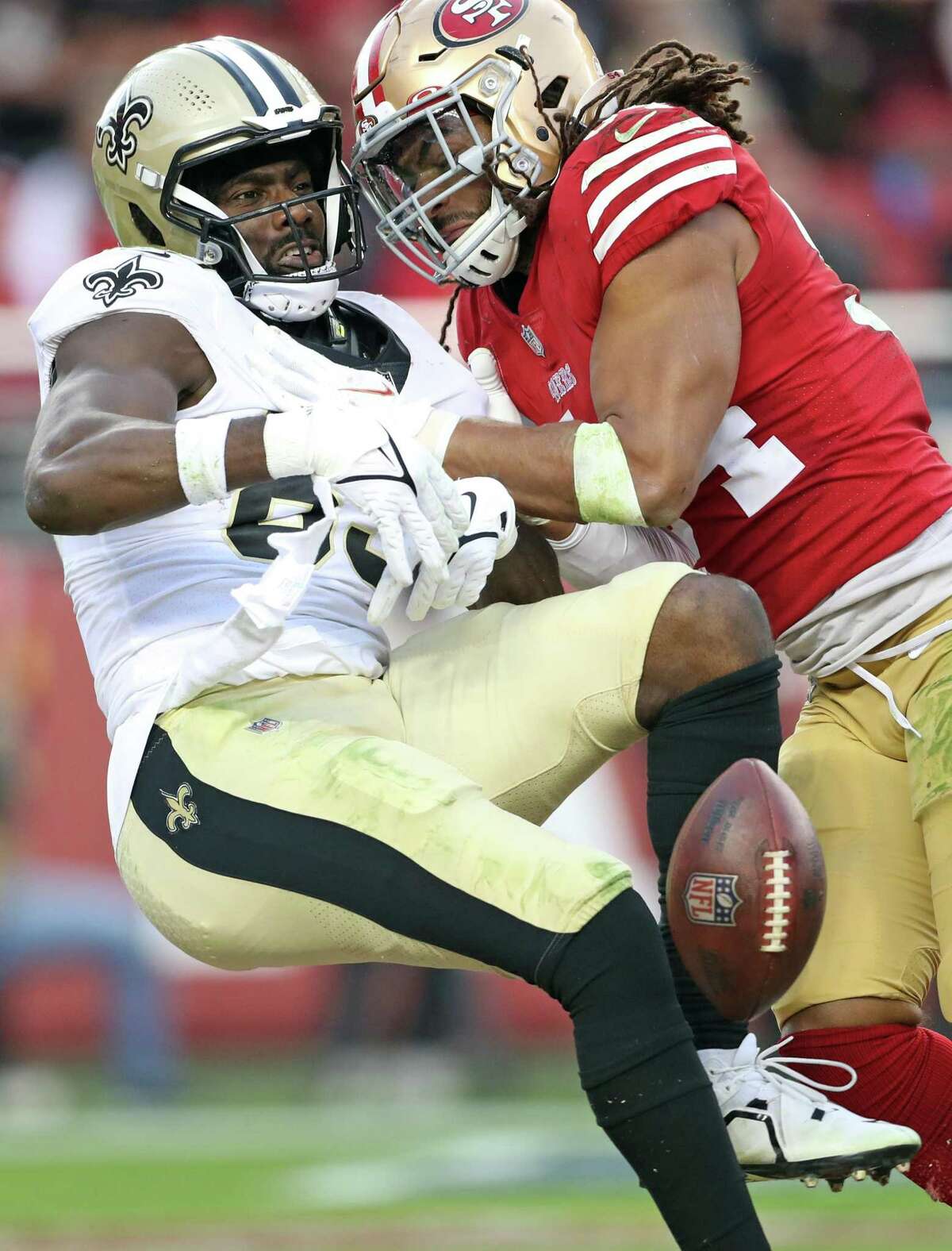 San Francisco 49ers’ Fred Warner breaks up a pass intended for New Orleans Saints’ Juwan Johnson during Niners’ 13-0 win in NFL game at Levi’s Stadium in Santa Clara, Calif., on Sunday, November 27, 2022.
