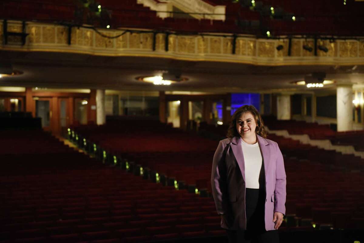 Musical performer Niki Metcalf of Saugerties stands on the stage at Proctor's Theatre where she will star in the role of Tracy Turnblad in the national tour of ‘Hairspray’ on Tuesday, Nov. 22, 2022, in Schenectady, N.Y.