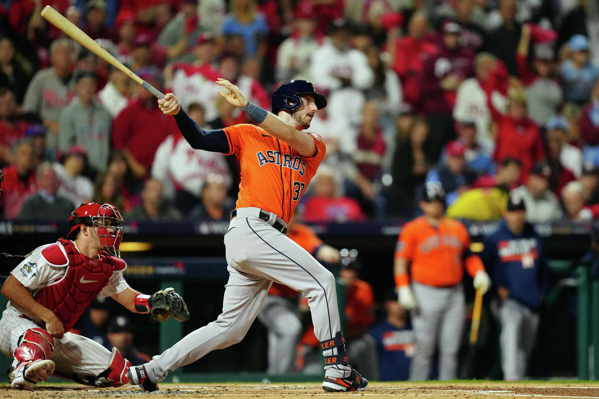 Kyle Tucker #30 of the Houston Astros hits a double in the second inning during Game 4 of the 2022 World Series between the Houston Astros and the Philadelphia Phillies at Citizens Bank Park on Wednesday, November 2, 2022 in Philadelphia, Pennsylvania.