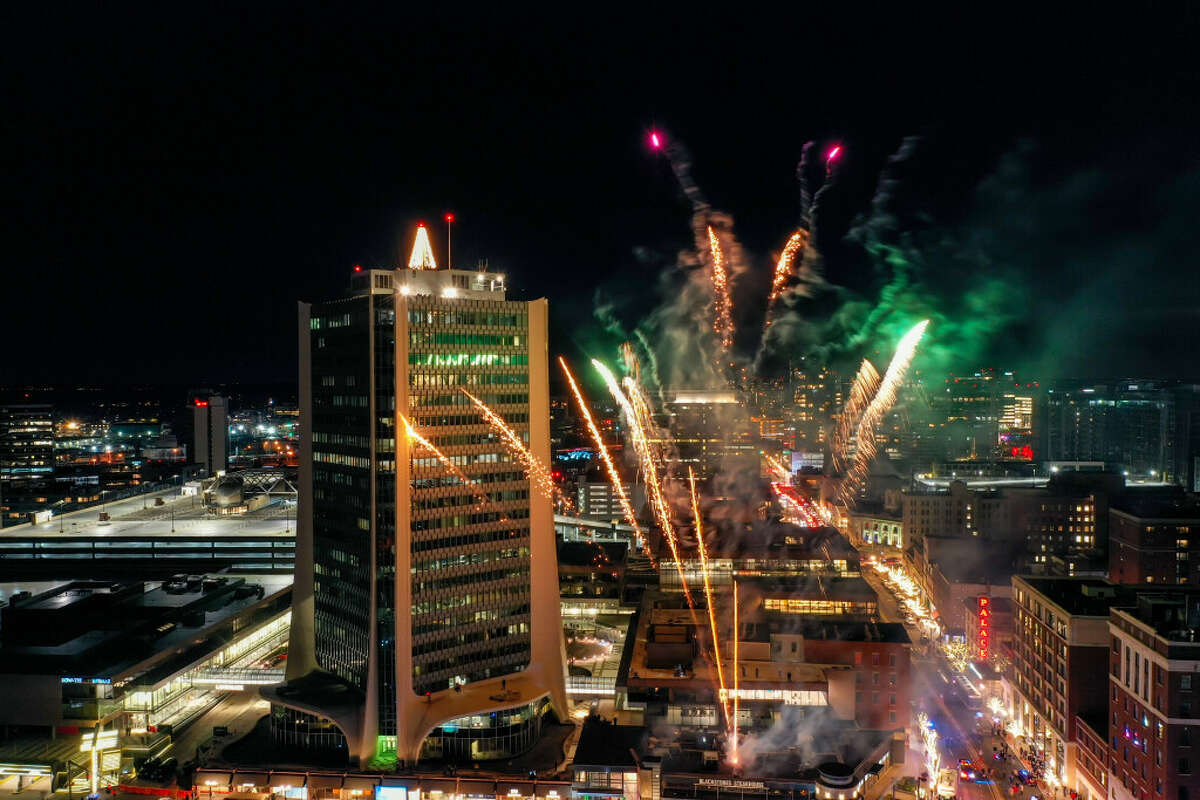 Fireworks go off at the 2021 Heights and Lights event in downtown Stamford, Conn. 
