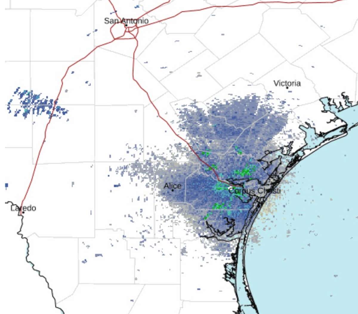 Cloud coverage in South Texas is shown on a radar at 1:03 p.m. on Monday, Nov. 28.