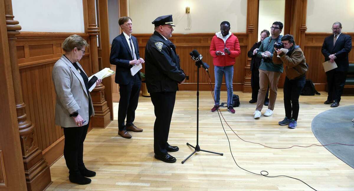 New Haven Police Chief Karl Jacobson speaks at a news conference concerning criminal charges for 5 New Haven Police officers involved in an incident with Richard "Randy" Cox at City Hall in New Haven on November 28, 2022.