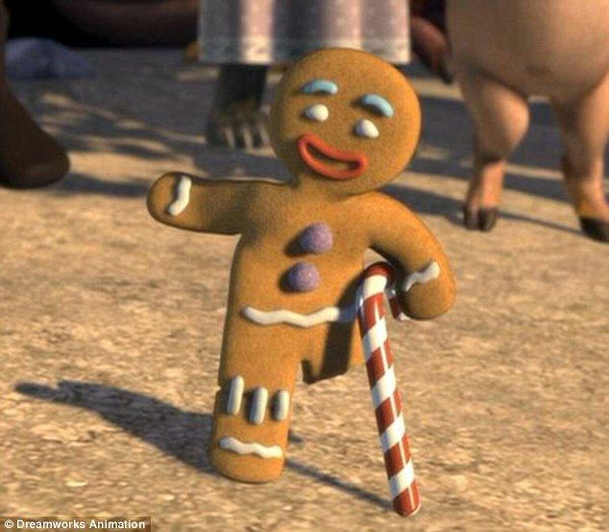 SPOILER ALERT! The Gingerbread Man, AKA Gingy, survives the torture inflicted on him by Lord Farquaad (John Lithgow) in 2001's "Shrek," but not without some major physical and emotional damage. Tough stuff for a cookie in a kids' movie. (At least he kept his gumdrop buttons)