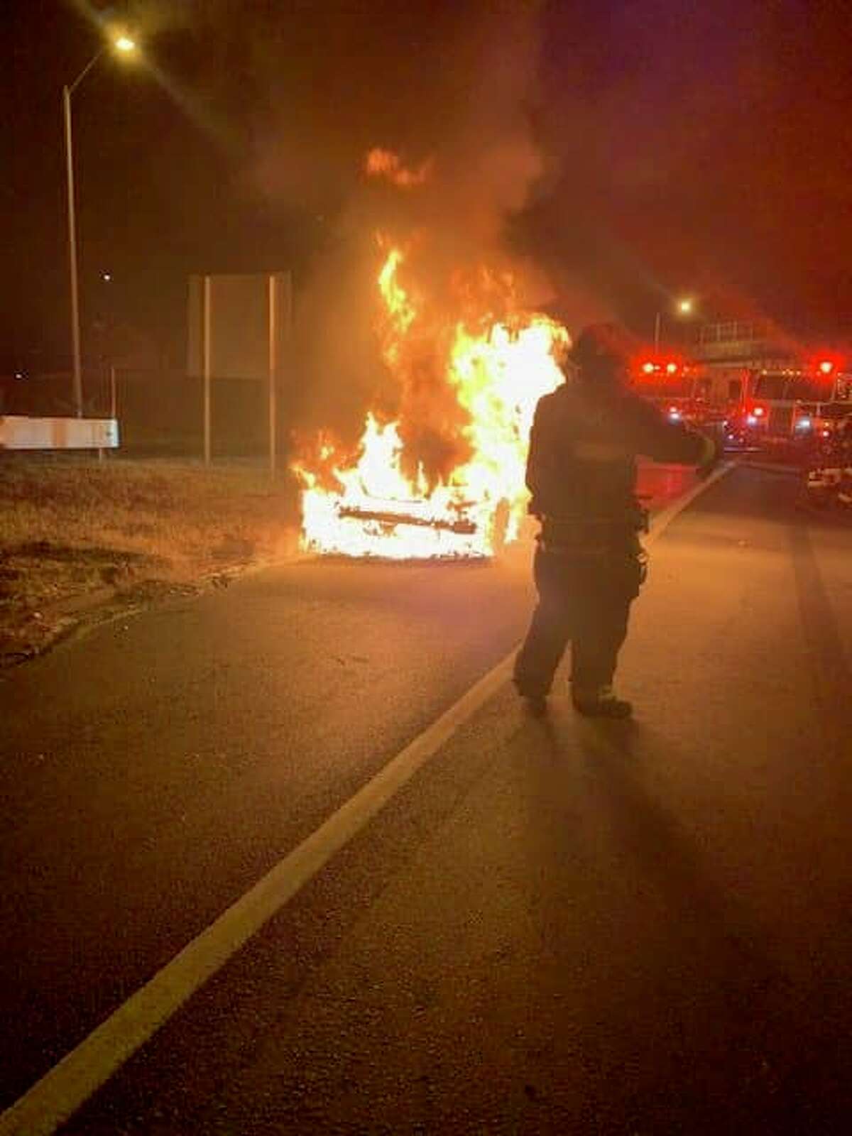 Authorities are investigating the cause of a fire that engulfed a car on the shoulder of I-95 early Monday morning, according to Fairfield fire officials.