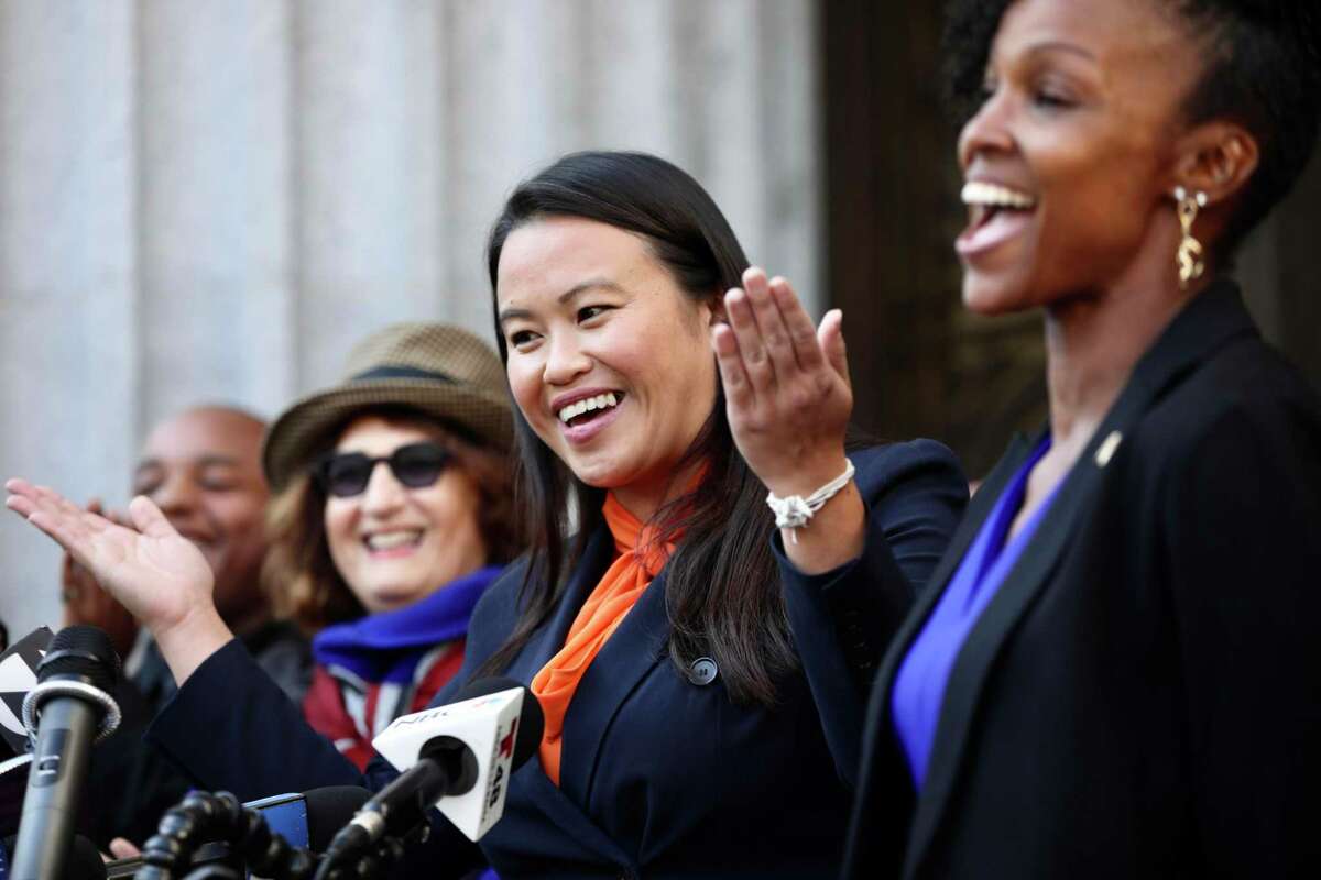 Oakland mayor-elect and City Council Member Sheng Thao delivers a speech outside of Oakland City Hall in November in Oakland. Thao defeated fellow City Council Member Loren Taylor for the position.