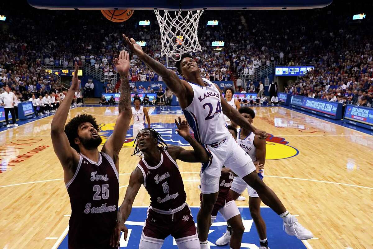 Kansas forward K.J. Adams Jr. (24) shoots during the first half of an NCAA college basketball game against Texas Southern Monday, Nov. 28, 2022, in Lawrence, Kan.
