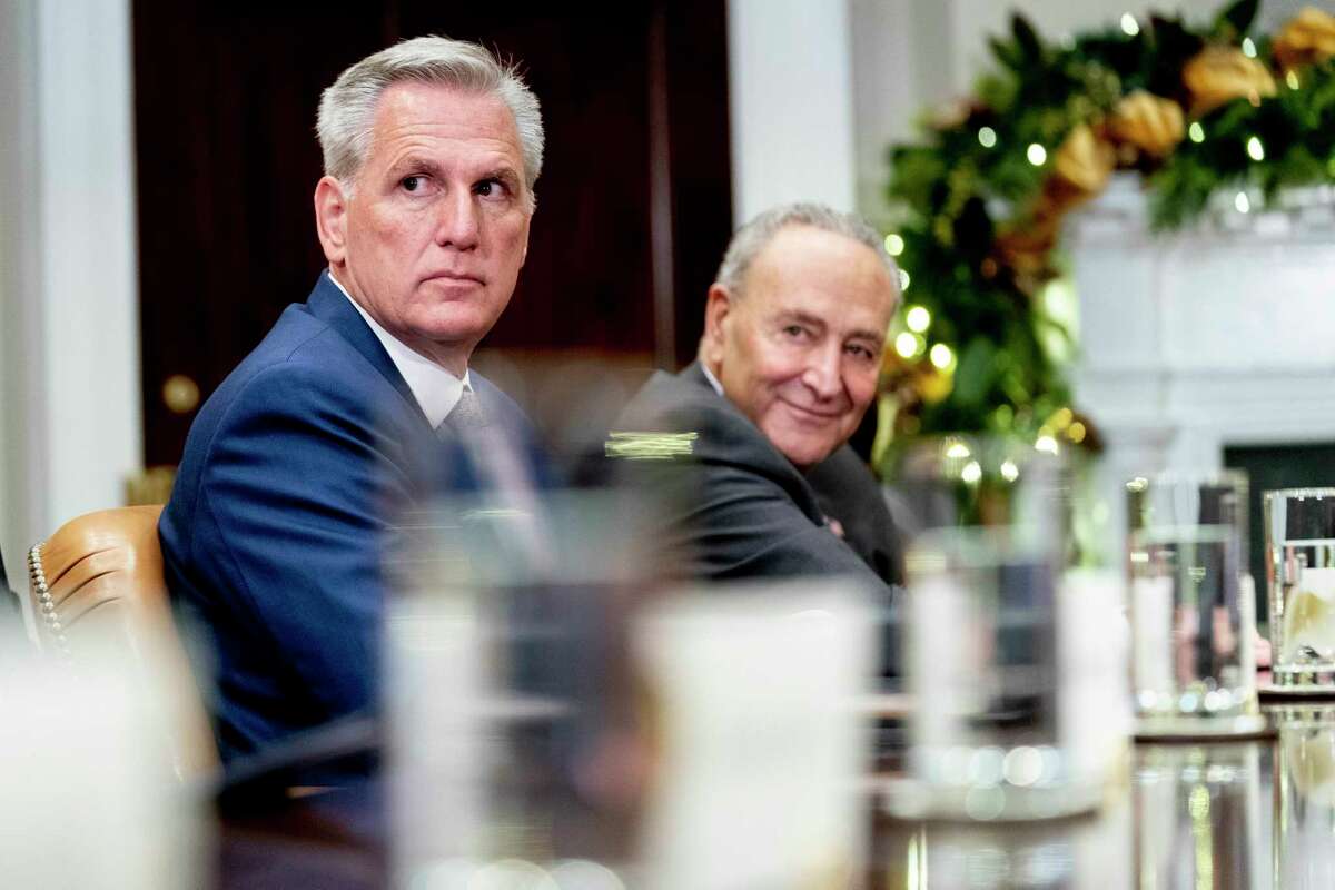 House Minority Leader Kevin McCarthy of Calif., left, and Senate Majority Leader Sen. Chuck Schumer of N.Y., right, attend a meeting with President Joe Biden and congressional leaders to discuss legislative priorities for the rest of the year, Tuesday, Nov. 29, 2020, in the Roosevelt Room of the White House in Washington.