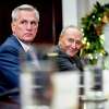 House Minority Leader Kevin McCarthy of Calif., left, and Senate Majority Leader Sen. Chuck Schumer of N.Y., right, attend a meeting with President Joe Biden and congressional leaders to discuss legislative priorities for the rest of the year, Tuesday, Nov. 29, 2020, in the Roosevelt Room of the White House in Washington.