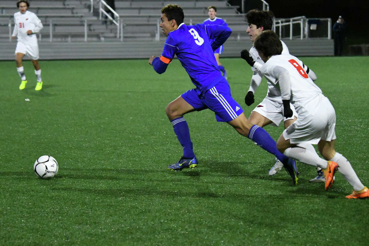 Hall's Lucas Almeida during the Class LL boys soccer finals between Hall and Greenwich at Trinity Health Stadium on Saturday, Nov. 19, 2022.