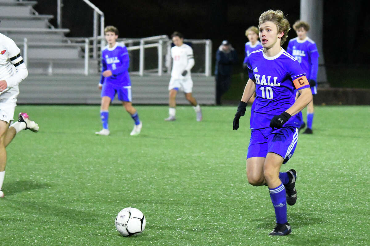 Hall's Samuel Sandler during the Class LL boys soccer finals between Hall and Greenwich at Trinity Health Stadium on Saturday, Nov. 19, 2022.