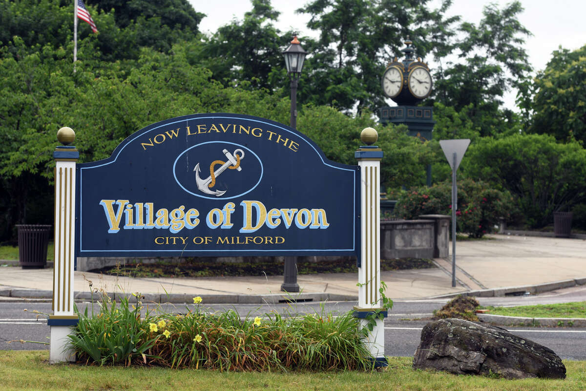 The Village of Devon sign at the intersection of Bridgeport Ave. and Rivercliff Dr., in Milford, Conn. June 22, 2022.