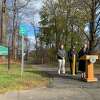 Lt. Gov Susan Bysiewicz speaks in West Hartford at an entrance to the Trout Brook Trail about state funding that will allow the town to continue to expand the trail further across town.