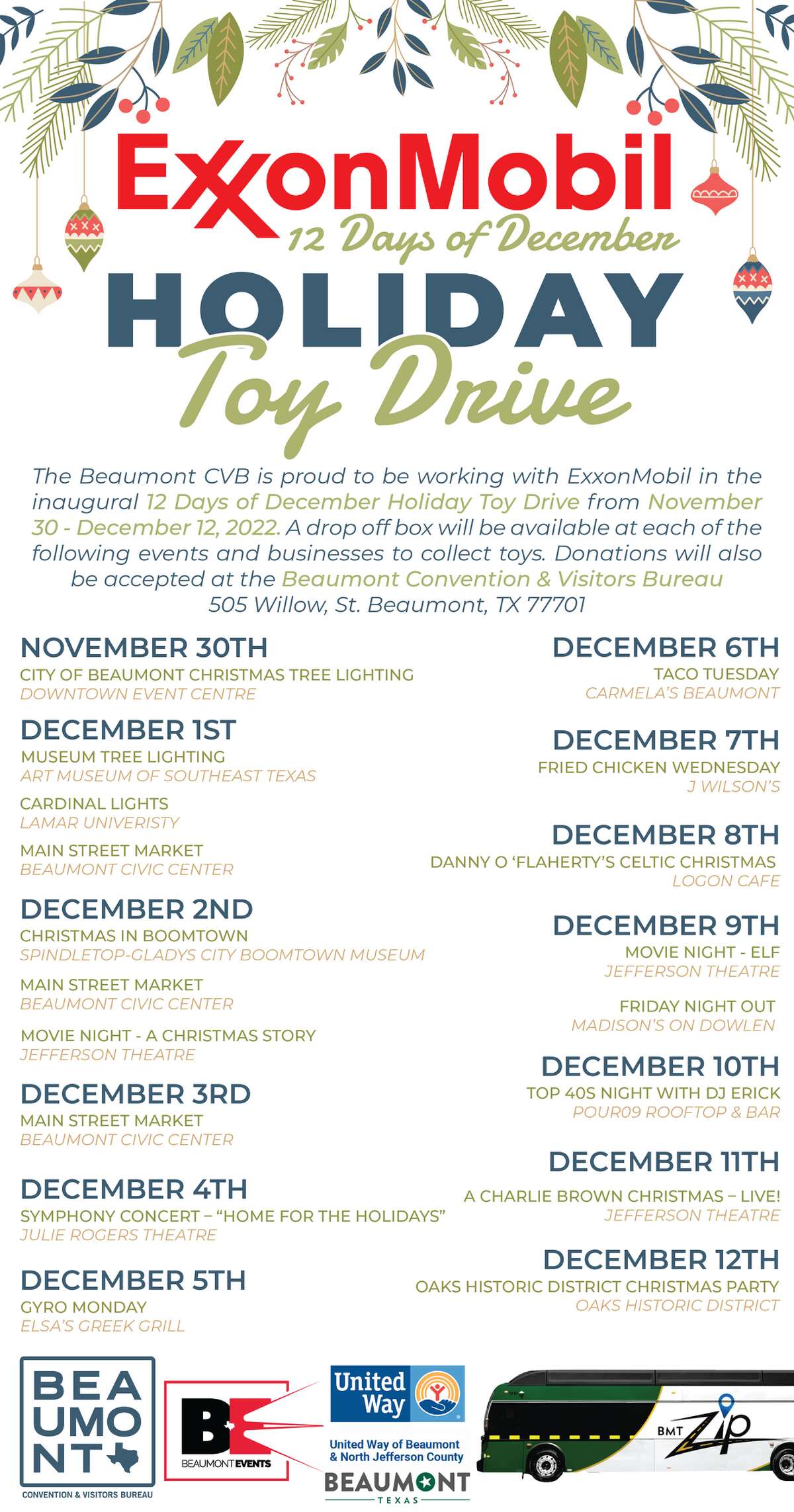 ExxonMobil and Beaumont Convention and Visitors Bureau partnered to host the 12 Days of December Holiday Toy Drive.