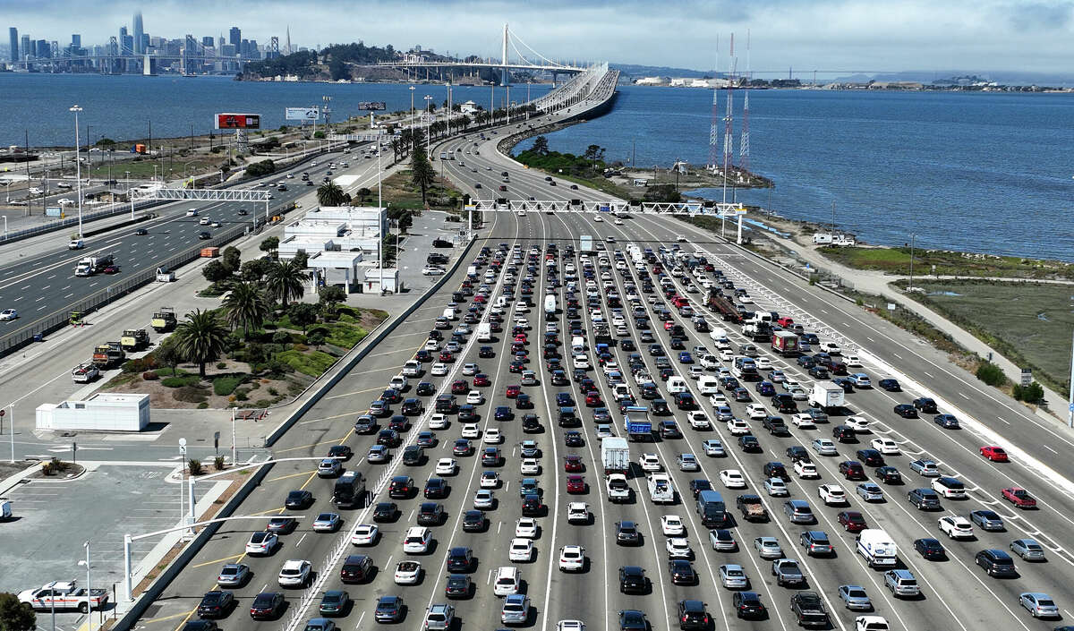 Traffic backs up at the San Francisco-Oakland Bay Bridge toll plaza in August 2022.