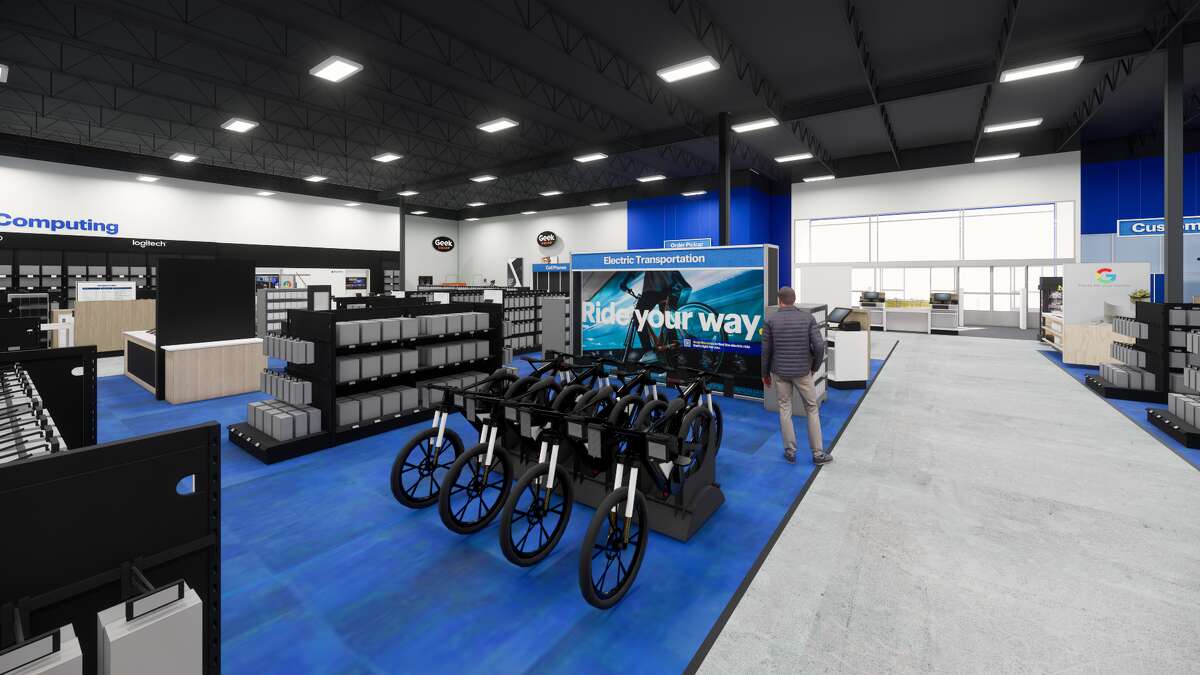 A mock-up of a Best Buy Experience store featuring e-bikes that customers can test ride in store.